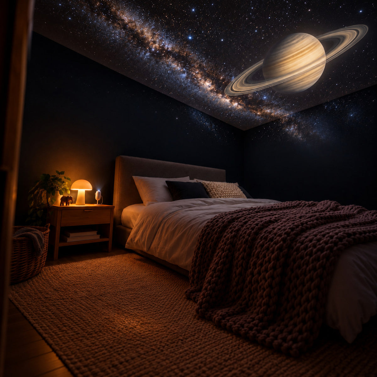 Saturne et la Voie lactée projetées au plafond d'une chambre, la nuit