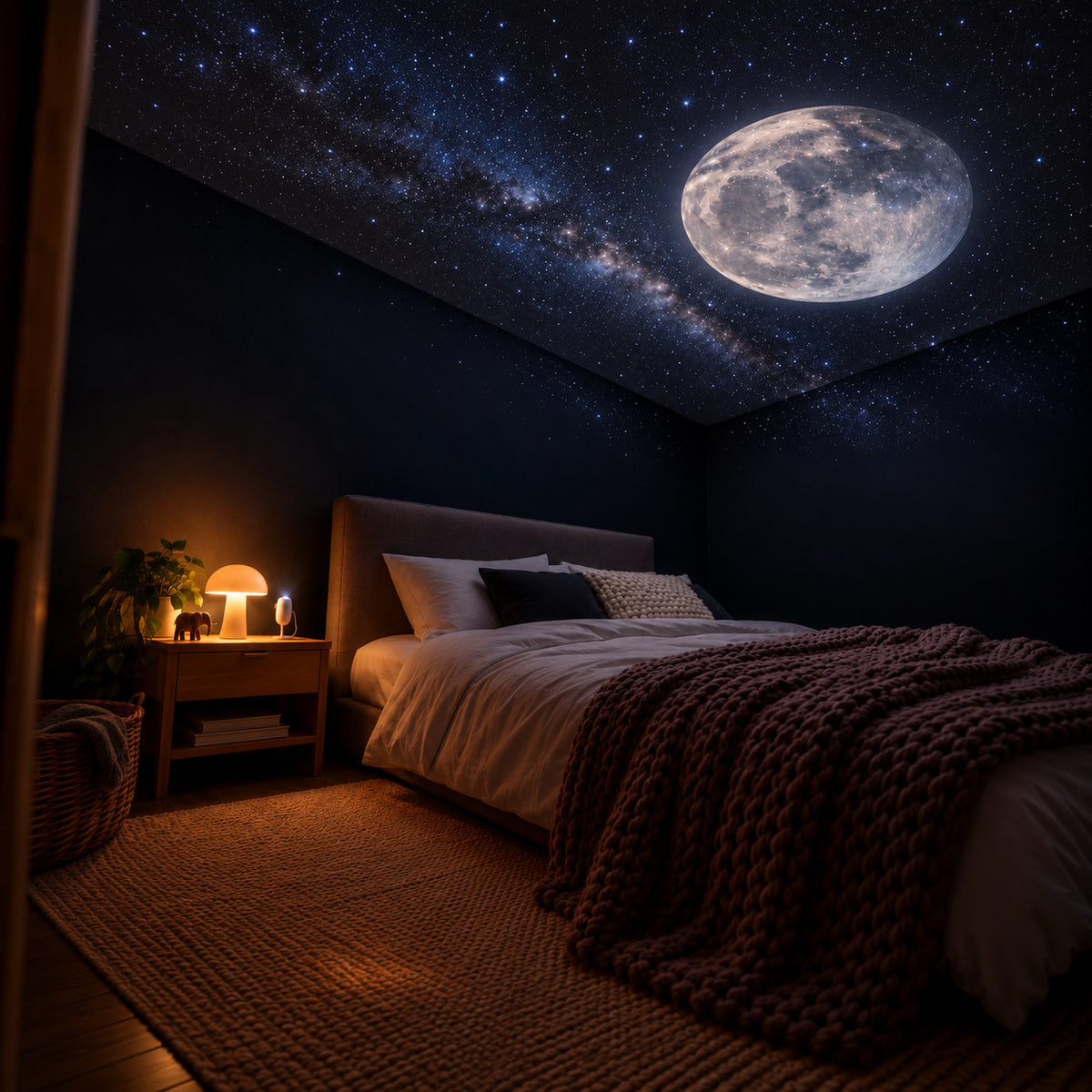 Une grande lune et des étoiles projetées au plafond d'une chambre, la nuit