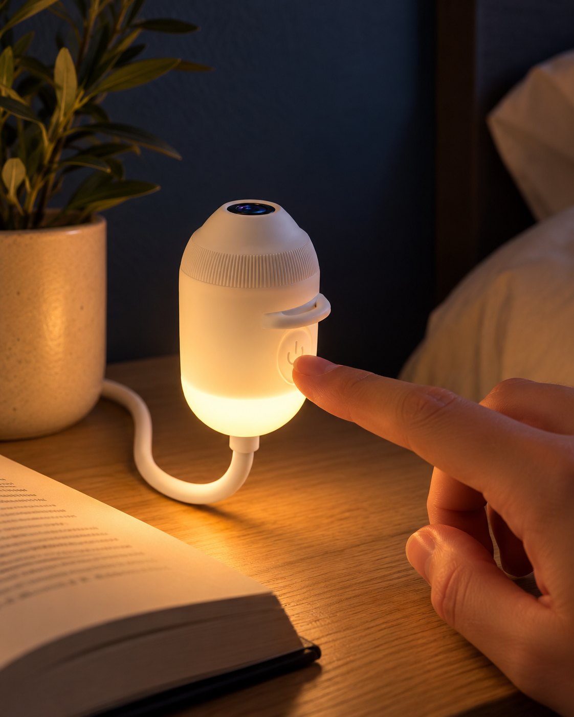 Le projecteur allumé en veilleuse, un doigt sur le bouton tactile
